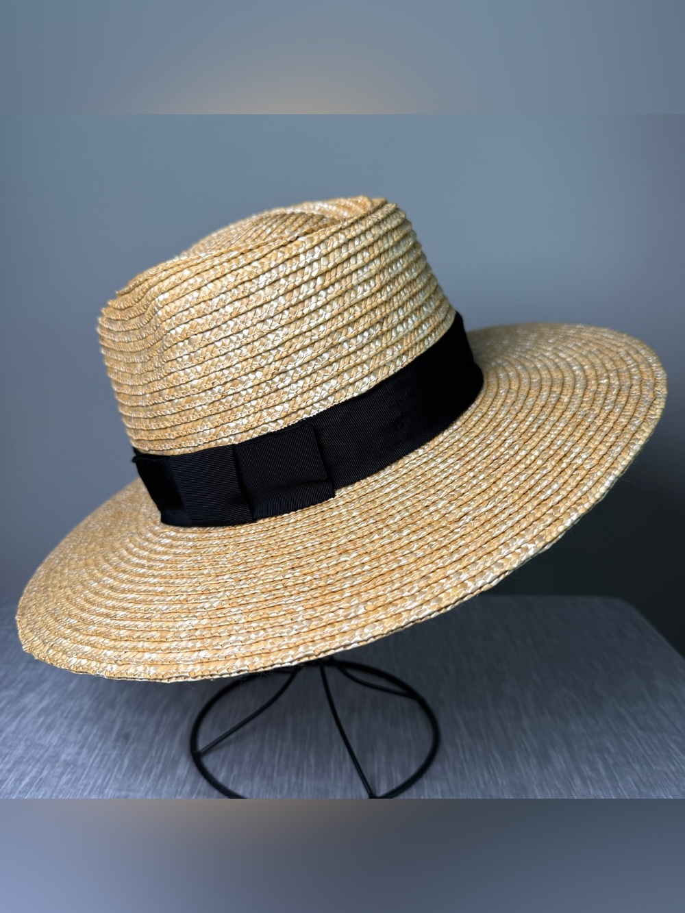 Brixton Wide Brim Straw Sun Hat Black Grosgrain Band Summer Resort Beach Pool S